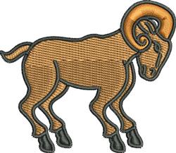 Playful ram with smooth tan body, curly orange-brown horns, and contrasting black hooves in lively pose.