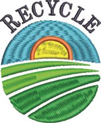 Colorful sunrise over green fields with vibrant 'RECYCLE' text arched above, showcasing an eco-friendly theme.