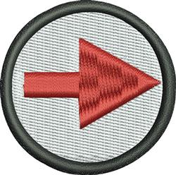 Bold red arrow pointing right, enclosed in a circular border, against a textured grey background.