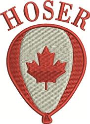 Applique red balloon featuring a prominent maple leaf and 'HOSER' text, in a playful cartoonish style.