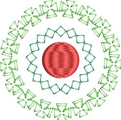 Geometric embroidery design featuring a red circle surrounded by intricate green shapes in a symmetrical pattern.