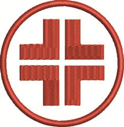 Minimalist symbol with cross design featuring a bold red cross within a circular border. Ideal for machine embroidery.