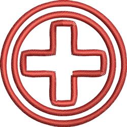Red cross in applique style encircled by two neat circles, featuring a bold modern design.