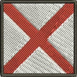 Flag design featuring a bold red cross on a white background, with dark stitched edges in a simple geometric style.