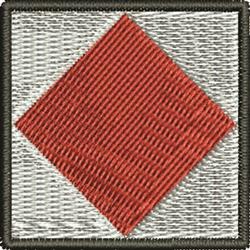 Decorative diamond shape in applique with a bold red diamond on a white background, framed by a black border.