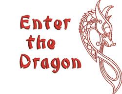Whimsical red dragon head with an intricate wavy body and bold 'Enter the Dragon' text in red.