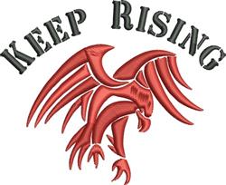 Bold stylized eagle in red with outstretched wings and black 'KEEP RISING' text, embodying strength and resilience.