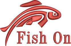 Stylized red fish with flowing outline and 'Fish On' text, vibrant design fits casual outdoor themes.