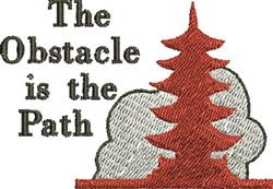 Motivational design featuring a stylized red tree, fluffy gray clouds, and black text saying 'The Obstacle is the Path'.