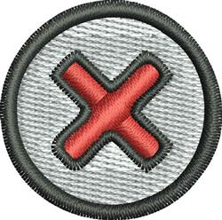 Embroidery patch featuring a bold red 'X' design on a gray circular background with a black border, perfect for casual access