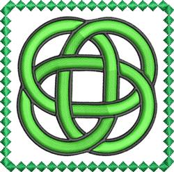 Redwork Celtic knot design featuring bold interwoven green lines within a zigzag border, showcasing modern geometric style.