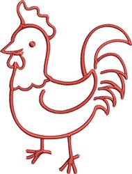 Redwork rooster outline in bold style, featuring a prominent crest and plumed tail in a striking red color.
