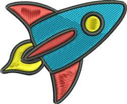 Playful blue rocket with red fins and a yellow flame, perfectly styled for children's apparel.