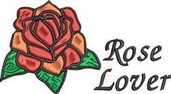 Playful rose in warm red and orange hues with lush green leaves, featuring 'Rose Lover' text.