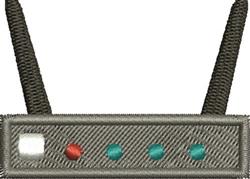 Stylized router with dual antennas, sleek case, and four indicator lights in modern design.