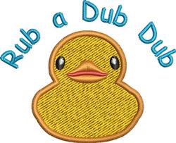 Playful yellow rubber duck with big black eyes and textured detail, surrounded by cheerful blue 'Rub a Dub Dub' lettering.