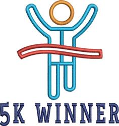 Vibrant runner figure celebrating with raised arms, orange head, red ribbon, and bold '5K WINNER' text on a playful design.
