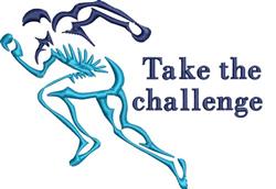 Dynamic runner in mid-stride with shades of blue and 'Take the challenge' tagline, perfect for athletic decor.