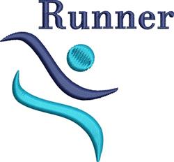 Runner silhouette in vibrant turquoise and blue with motion lines, bold navy text, and a playful circular element.