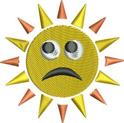Playful yellow sun with a sad face, featuring triangular rays in orange and yellow, perfect for summer.