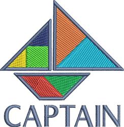 Modern sailboat with colorful triangular sails in blue, orange, green, and yellow, featuring 'CAPTAIN' below.