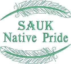 Text-based design featuring 'SAUK Native Pride' in vivid green with decorative green feathers.