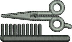 Applique scissors with dark stitching above a comb, depicted in a monochromatic style, ideal for sewing projects.