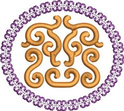 Ornamental quilting design featuring elegant swirls, intricate golden lines, and a striking purple border.