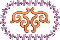 Ornamental quilting design with intricate copper swirls and curves, framed by a vibrant purple rectangular border.