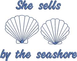 Playful seashells with blue hues beside 'She sells by the seashore', perfect for nautical-themed decor.