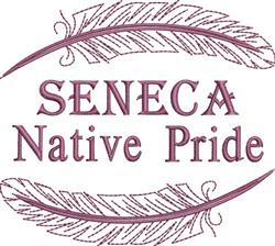 Text 'SENECA Native Pride' in bold burgundy, flanked by elegant feathers, showcasing cultural elegance.