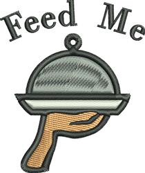 Playful hand presenting a metallic serving tray with 'Feed Me' text above, in warm gray and brown tones.