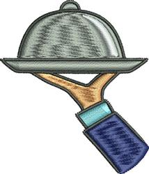 Cartoonish hand with natural skin tone holding a shiny silver serving tray with dome cover, adorned in a blue sleeve.