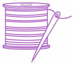 Purple sewing spool with horizontal stripes and a needle threaded through it, perfect for crafting projects.