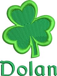 Vibrant green shamrock with playful 'Dolan' text below, perfect for St. Patrick's Day celebrations.