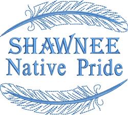 Text design 'SHAWNEE Native Pride' in blue, featuring feather elements in a circular layout for cultural embroidery.