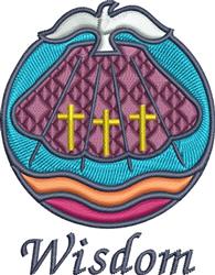 Colorful shell with three yellow crosses, elegant 'Wisdom' script, and waves in orange and pink for a spiritual design.