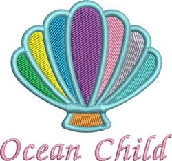 Stylized shell in pastel colors pink, purple, yellow, and blue with 'Ocean Child' text, playful beach theme.