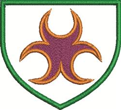 Stylized shield emblem featuring a bold green outline, central purple symbol, and orange accents.