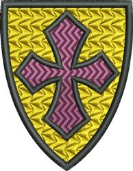 Bold shield with yellow color and textured pattern, featuring a geometric purple cross with a zigzag design.