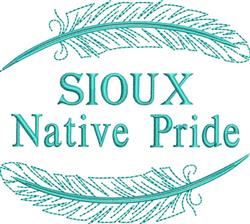 Text-based design featuring 'SIOUX Native Pride' with elegant teal letters and decorative feathers.