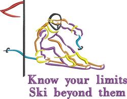 Stylized skier in motion with a ski pole, vibrant lines convey energy, winter sports theme, motivational text.
