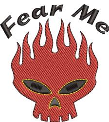 Bold skull with vibrant red flames and 'Fear Me' text, embodying edgy punk style in this embroidery design.