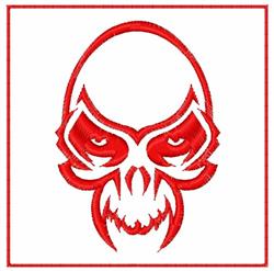 Bold skull in red tones with fierce eyes and fangs, set against a white background, perfect for Halloween decor.