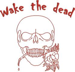 Skull adorned with a rose in bold line art, featuring the text 'Wake the Dead' above in a dramatic, red tone.