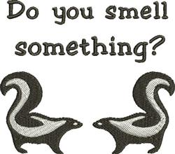 Humorous skunks with exaggerated curves face each other under playful text, 'Do you smell something?'