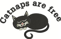 Cartoon black cat sleeping cozily with whimsical text 'Catnaps are free' above, playful and minimalist design.