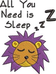 Playful lion face with a thick purple mane and sleepy eyes, paired with the text 'All You Need is Sleep'.