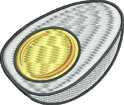 Realistic sliced egg with a vibrant yellow yolk, textured white, and a gray outline, perfect for kitchen towels.