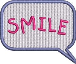 Playful speech bubble with the word 'SMILE' in pink over a light gray background, outlined in purple.